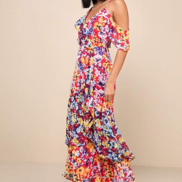 NWT Lulus “Radiant Ruby Red Floral Print” Chiffon Maxi Dress - Picture 3 of 8